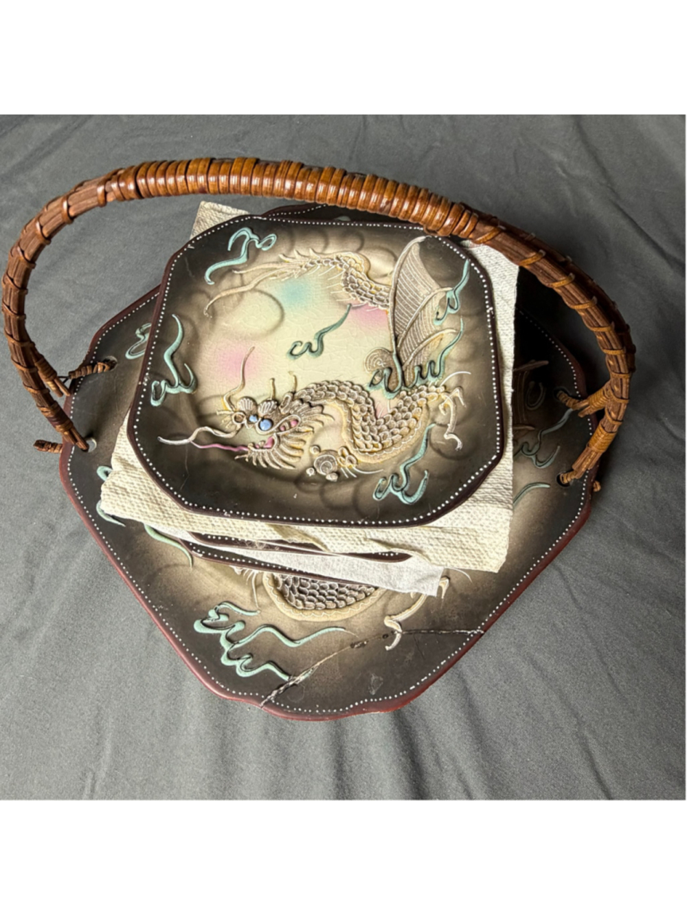 Japanese Moriage Dragonware Plate Set Basket 7 Pc Vintage Retro Serving Dishes